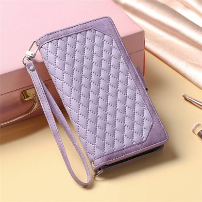 For iPhone 14 Pro Max 6.7 inch Drop-proof Zipper Pocket Phone Cover Card Holder Rhombus Grid Texture Anti-scratch PU Leather Flip Wallet Stand Case