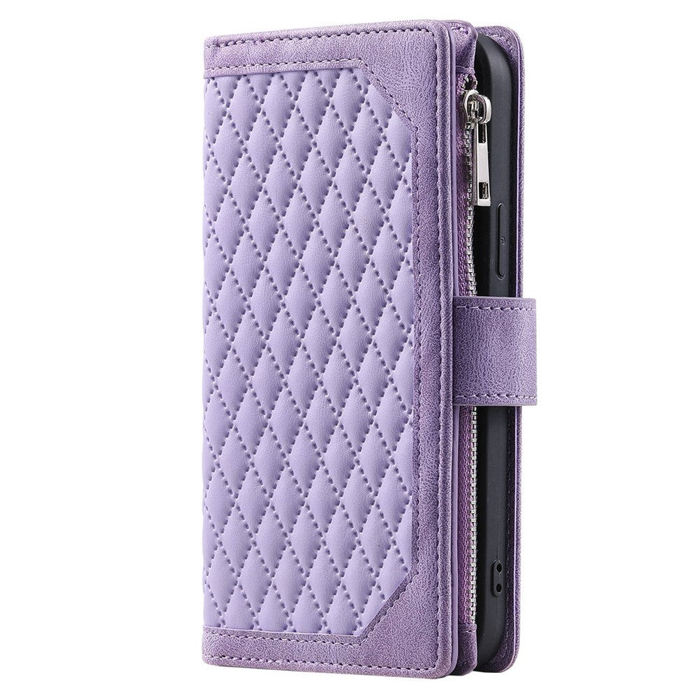 For iPhone 14 Pro Max 6.7 inch Drop-proof Zipper Pocket Phone Cover Card Holder Rhombus Grid Texture Anti-scratch PU Leather Flip Wallet Stand Case