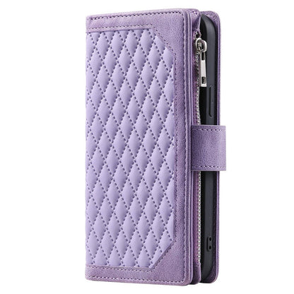 For iPhone 14 Pro Max 6.7 inch Drop-proof Zipper Pocket Phone Cover Card Holder Rhombus Grid Texture Anti-scratch PU Leather Flip Wallet Stand Case