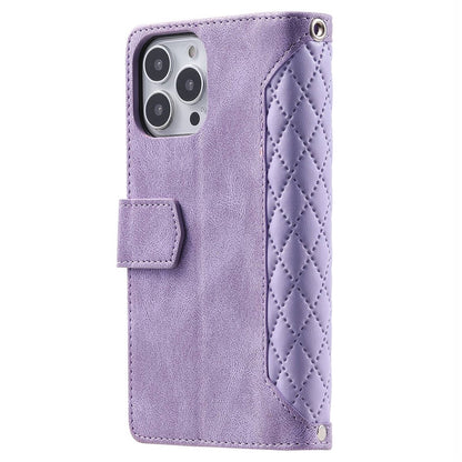 For iPhone 14 Pro Max 6.7 inch Drop-proof Zipper Pocket Phone Cover Card Holder Rhombus Grid Texture Anti-scratch PU Leather Flip Wallet Stand Case