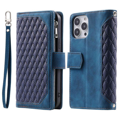 For iPhone 14 Pro Max 6.7 inch Drop-proof Zipper Pocket Phone Cover Card Holder Rhombus Grid Texture Anti-scratch PU Leather Flip Wallet Stand Case