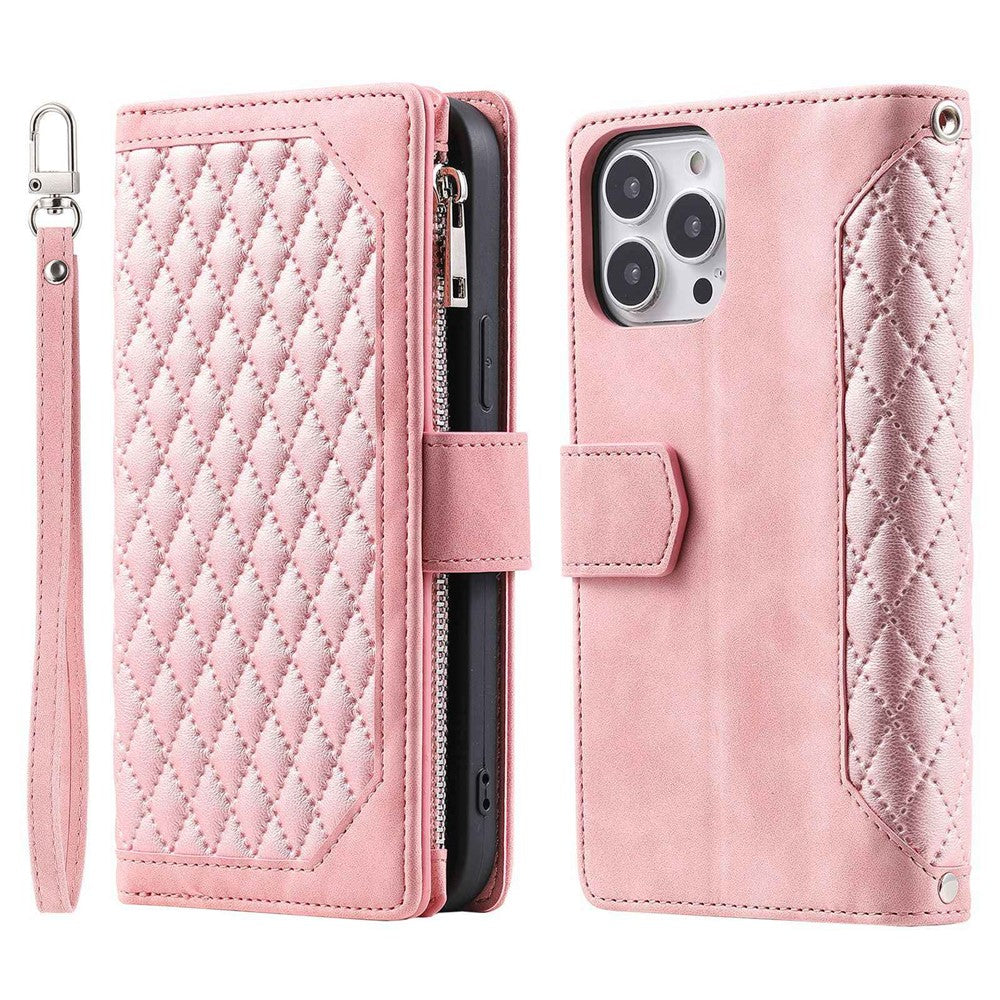 For iPhone 14 Pro Max 6.7 inch Drop-proof Zipper Pocket Phone Cover Card Holder Rhombus Grid Texture Anti-scratch PU Leather Flip Wallet Stand Case