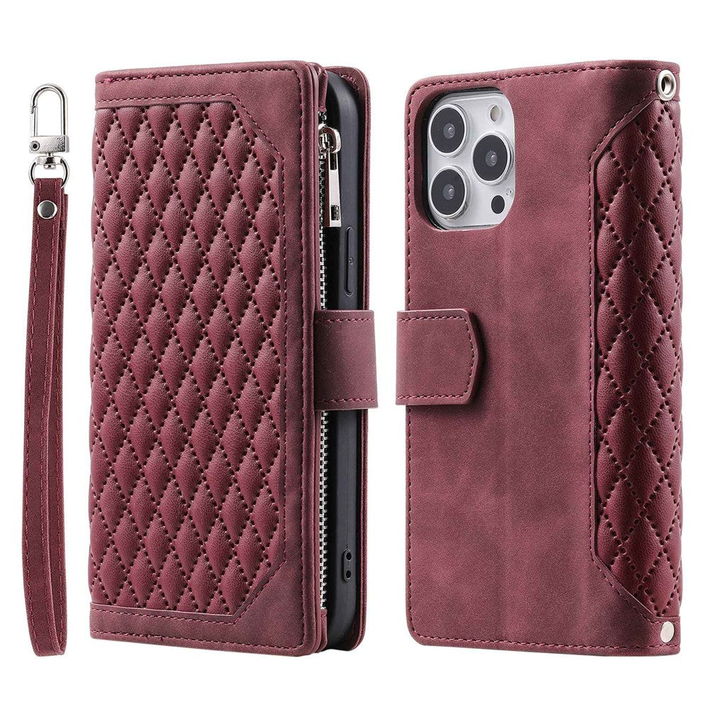 For iPhone 14 Pro Max 6.7 inch Drop-proof Zipper Pocket Phone Cover Card Holder Rhombus Grid Texture Anti-scratch PU Leather Flip Wallet Stand Case