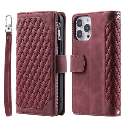 For iPhone 14 Pro Max 6.7 inch Drop-proof Zipper Pocket Phone Cover Card Holder Rhombus Grid Texture Anti-scratch PU Leather Flip Wallet Stand Case