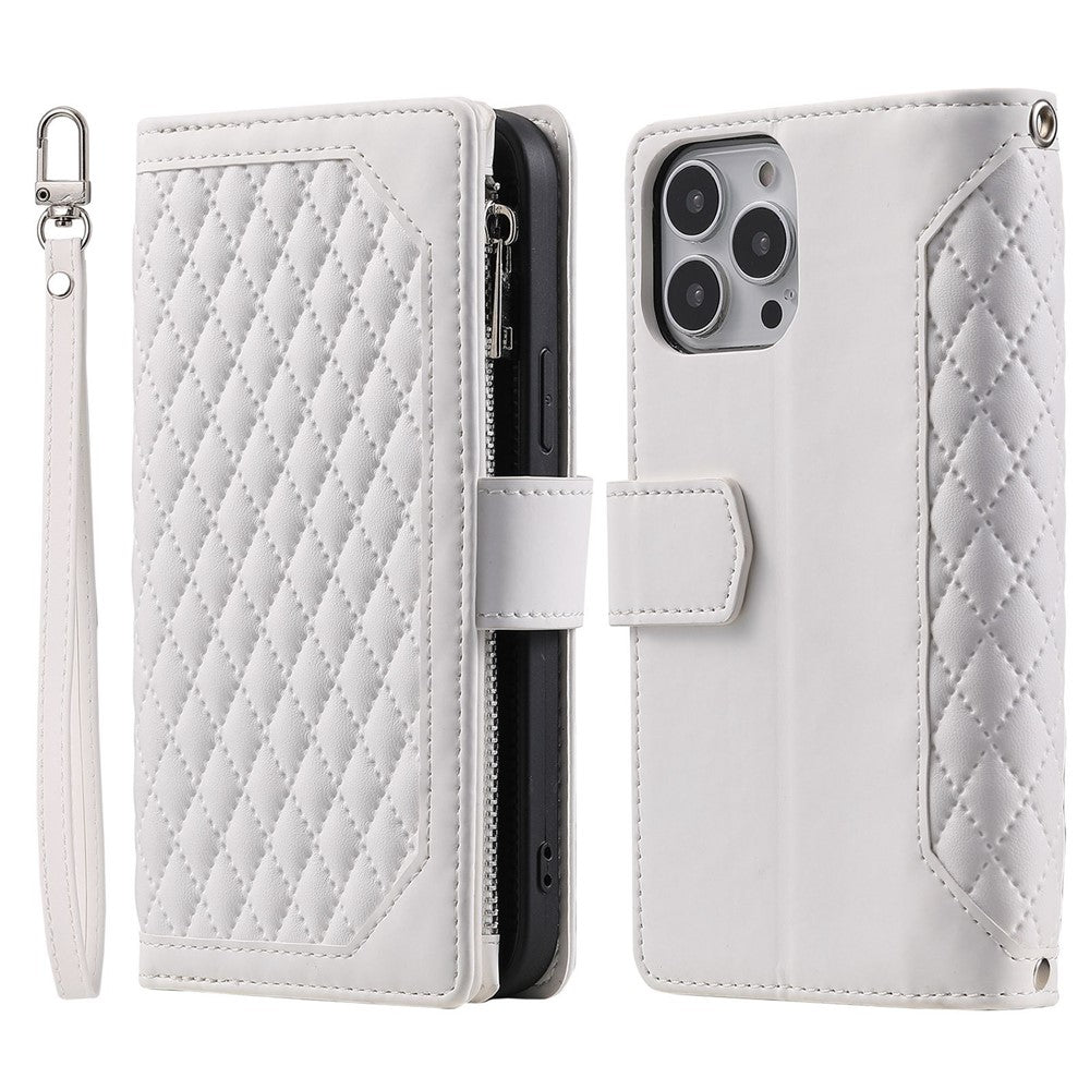 For iPhone 14 Pro Max 6.7 inch Drop-proof Zipper Pocket Phone Cover Card Holder Rhombus Grid Texture Anti-scratch PU Leather Flip Wallet Stand Case