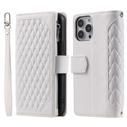 For iPhone 14 Pro Max 6.7 inch Drop-proof Zipper Pocket Phone Cover Card Holder Rhombus Grid Texture Anti-scratch PU Leather Flip Wallet Stand Case