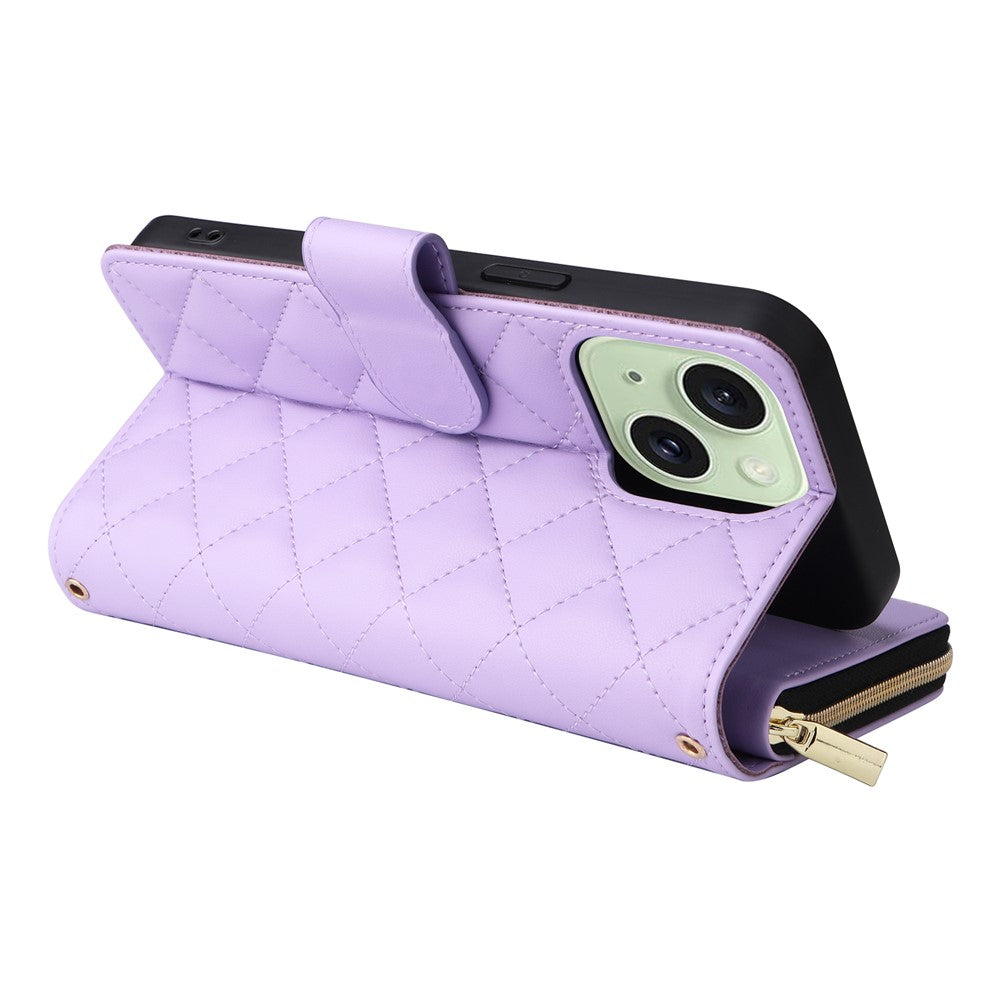For iPhone 15 Plus / 14 Plus Case Wallet PU Leather Rhombus Stand Anti-Fall Phone Cover