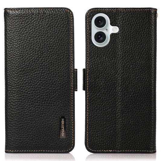 KHAZNEH For iPhone 16 Case Genuine Cow Leather Phone Cover RFID Blocking Wallet