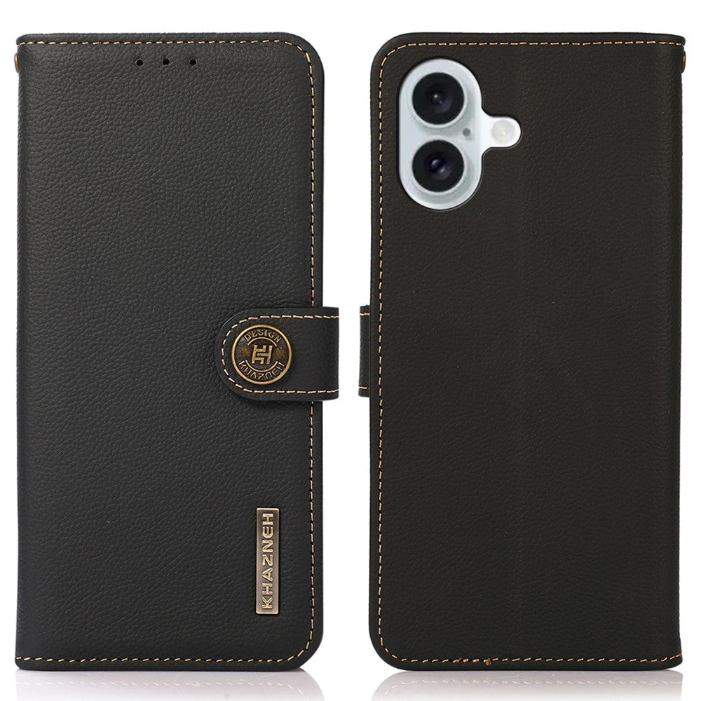 KHAZNEH For iPhone 16 Case RFID Blocking Genuine Cow Leather Phone Wallet Cover