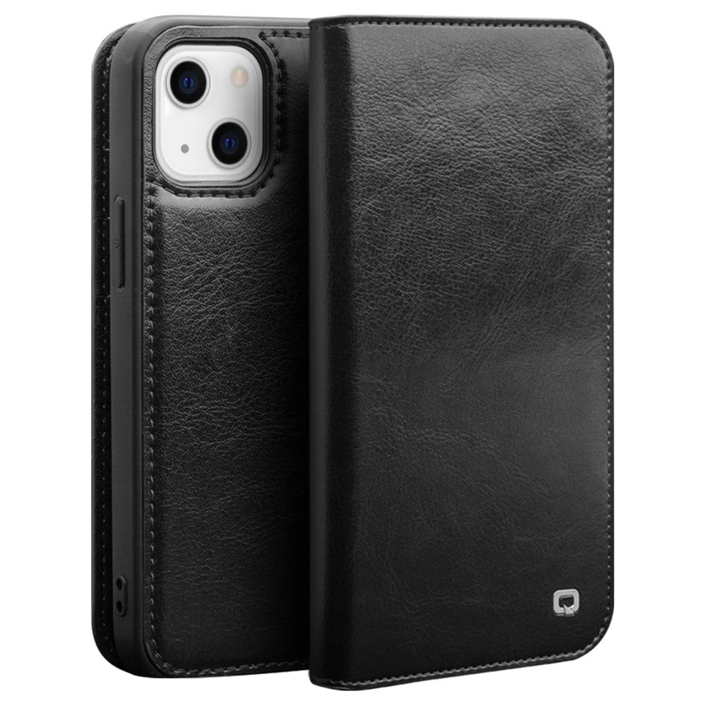 QIALINO For iPhone 14 Plus Full Protection Phone Flip Wallet Case Stand Drop-proof Genuine Leather Phone Cover