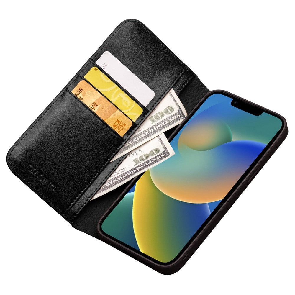 QIALINO For iPhone 14 Plus Full Protection Phone Flip Wallet Case Stand Drop-proof Genuine Leather Phone Cover