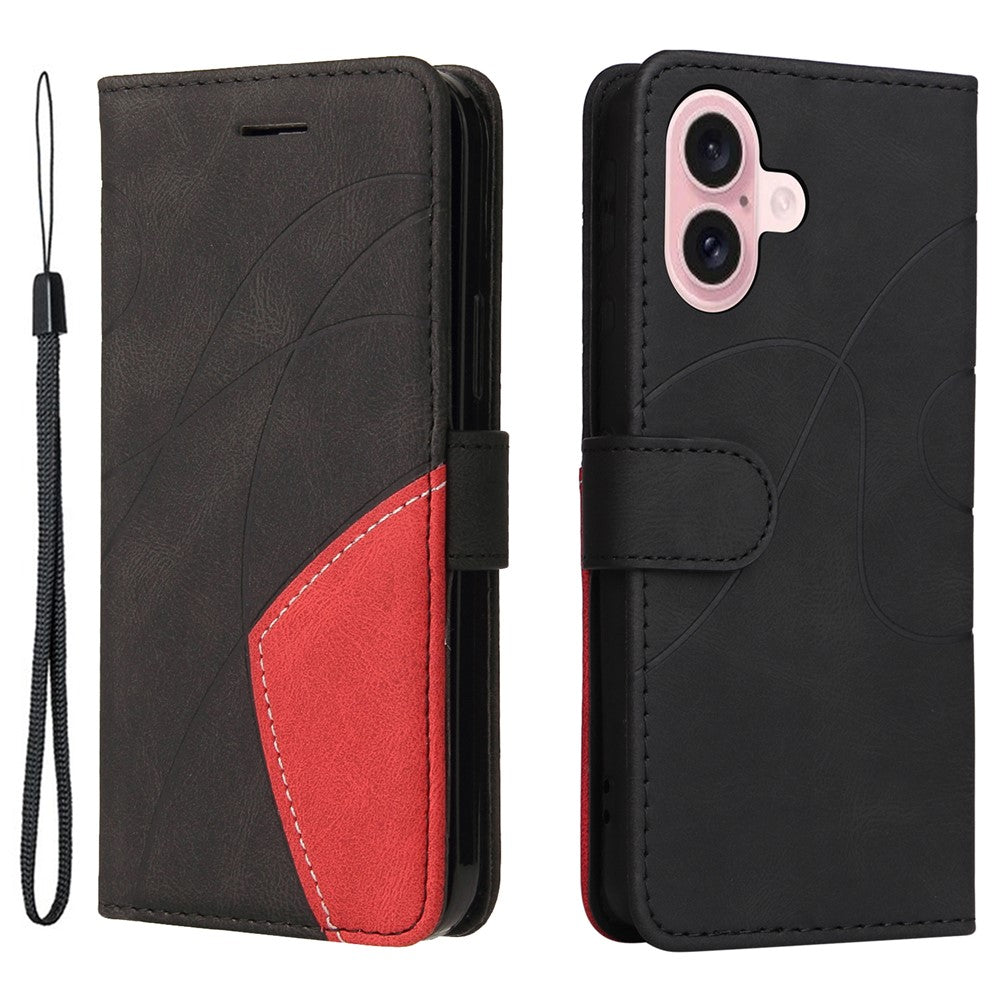 For iPhone 16 Leather Case Wallet Stand Color Splicing Phone Cover