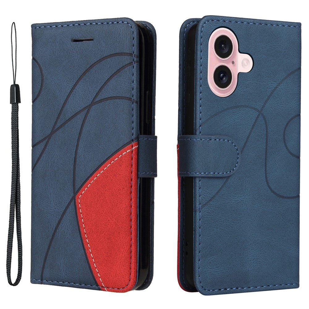 For iPhone 16 Leather Case Wallet Stand Color Splicing Phone Cover