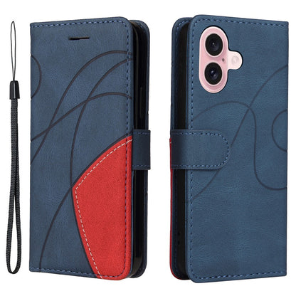 For iPhone 16 Leather Case Wallet Stand Color Splicing Phone Cover