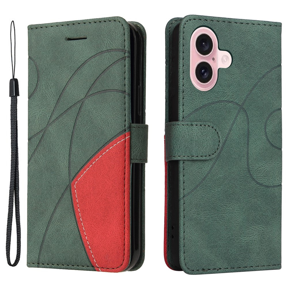 For iPhone 16 Leather Case Wallet Stand Color Splicing Phone Cover