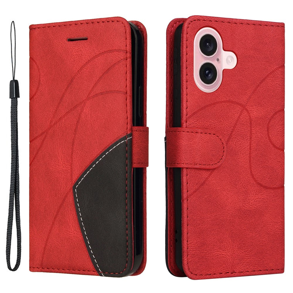 For iPhone 16 Leather Case Wallet Stand Color Splicing Phone Cover