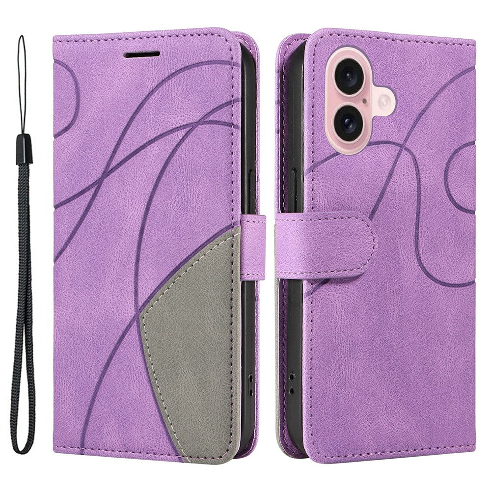 For iPhone 16 Leather Case Wallet Stand Color Splicing Phone Cover