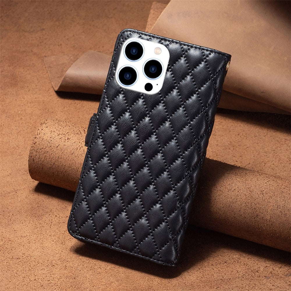 BINFEN COLOR BF Style-15 For iPhone 16 Pro Max Case Rhombus Imprint Leather Phone Cover