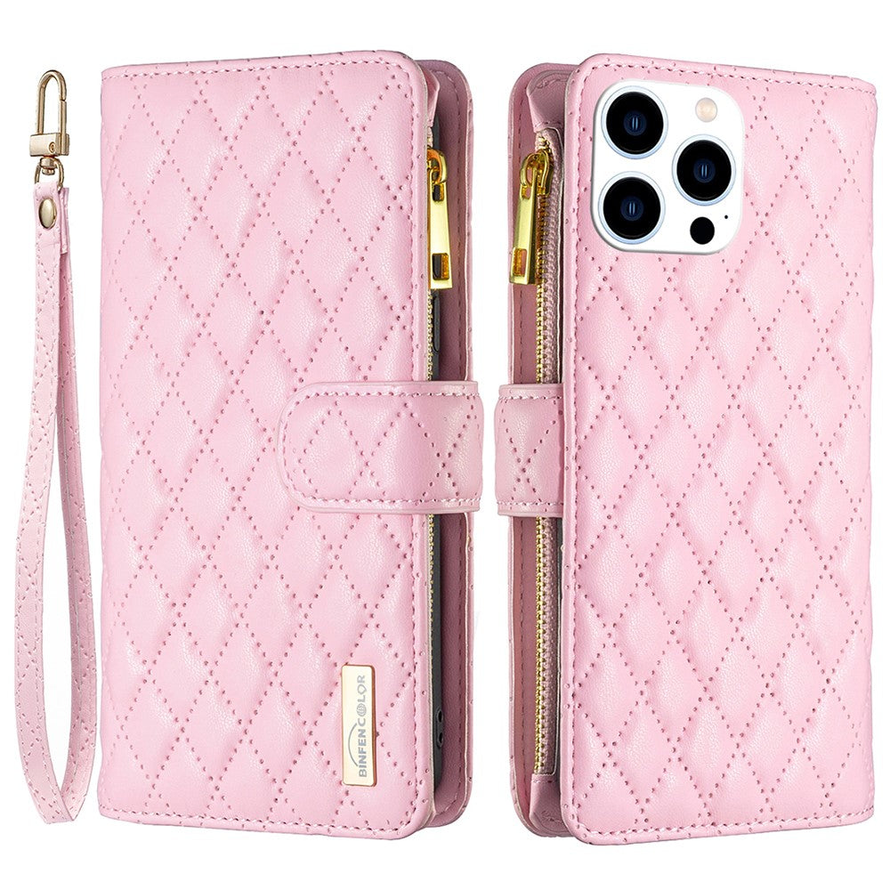 BINFEN COLOR BF Style-15 For iPhone 16 Pro Max Case Rhombus Imprint Leather Phone Cover