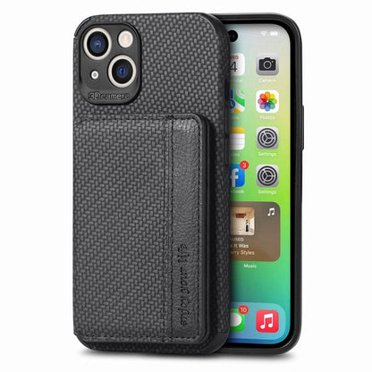 For iPhone 14 6.1 inch Anti-fall Carbon Fiber Texture RFID Blocking Phone Case Leather Coated TPU Anti-scratch Magnetic Wallet Cover Kickstand