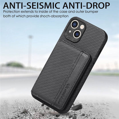 For iPhone 14 6.1 inch Anti-fall Carbon Fiber Texture RFID Blocking Phone Case Leather Coated TPU Anti-scratch Magnetic Wallet Cover Kickstand