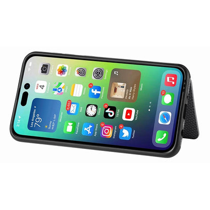 For iPhone 14 6.1 inch Anti-fall Carbon Fiber Texture RFID Blocking Phone Case Leather Coated TPU Anti-scratch Magnetic Wallet Cover Kickstand