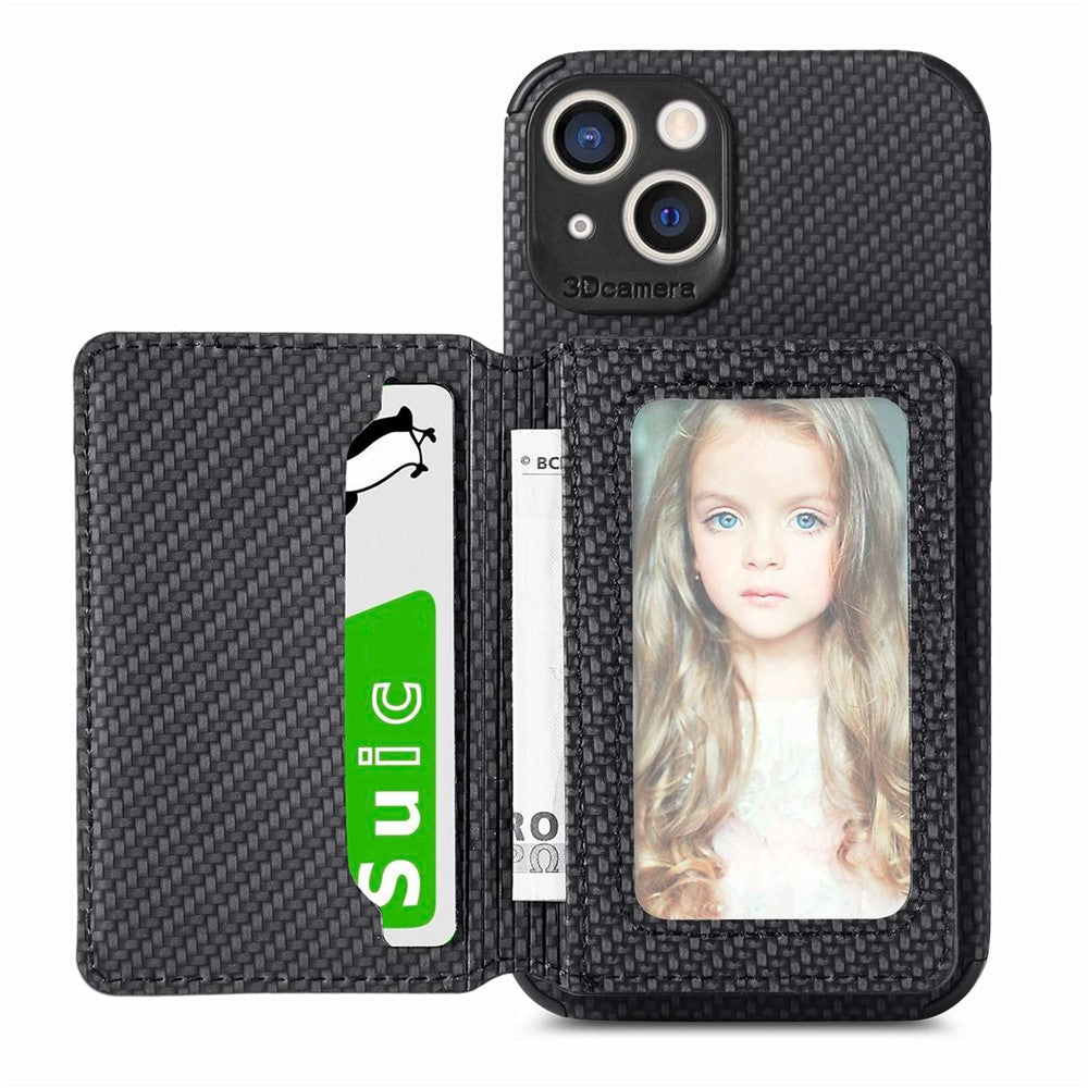 For iPhone 14 6.1 inch Anti-fall Carbon Fiber Texture RFID Blocking Phone Case Leather Coated TPU Anti-scratch Magnetic Wallet Cover Kickstand