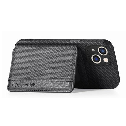 For iPhone 14 6.1 inch Anti-fall Carbon Fiber Texture RFID Blocking Phone Case Leather Coated TPU Anti-scratch Magnetic Wallet Cover Kickstand