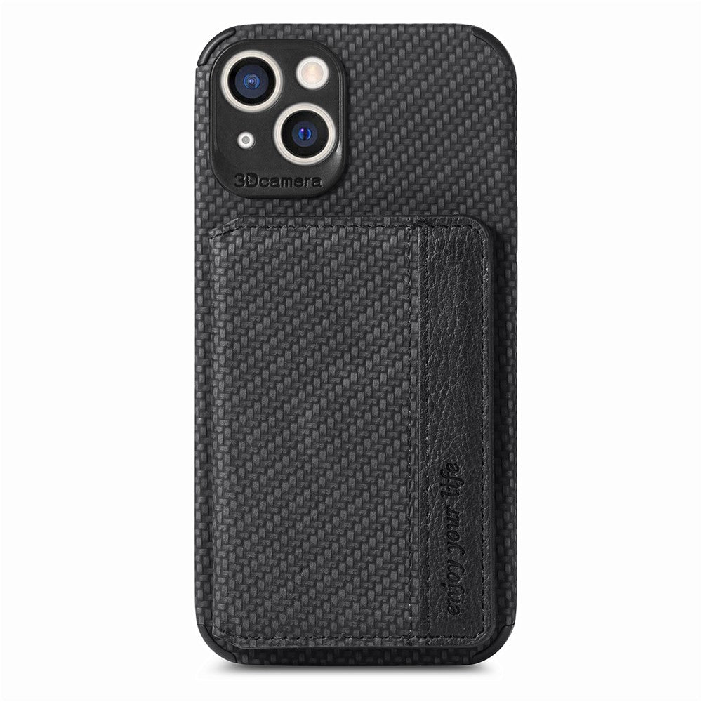 For iPhone 14 6.1 inch Anti-fall Carbon Fiber Texture RFID Blocking Phone Case Leather Coated TPU Anti-scratch Magnetic Wallet Cover Kickstand