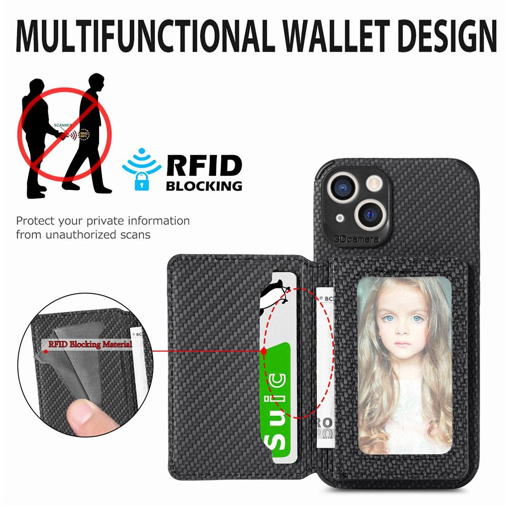 For iPhone 14 6.1 inch Anti-fall Carbon Fiber Texture RFID Blocking Phone Case Leather Coated TPU Anti-scratch Magnetic Wallet Cover Kickstand