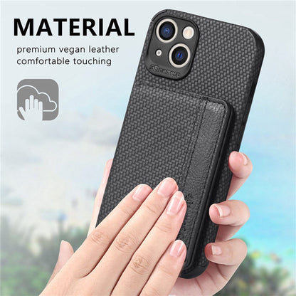 For iPhone 14 6.1 inch Anti-fall Carbon Fiber Texture RFID Blocking Phone Case Leather Coated TPU Anti-scratch Magnetic Wallet Cover Kickstand