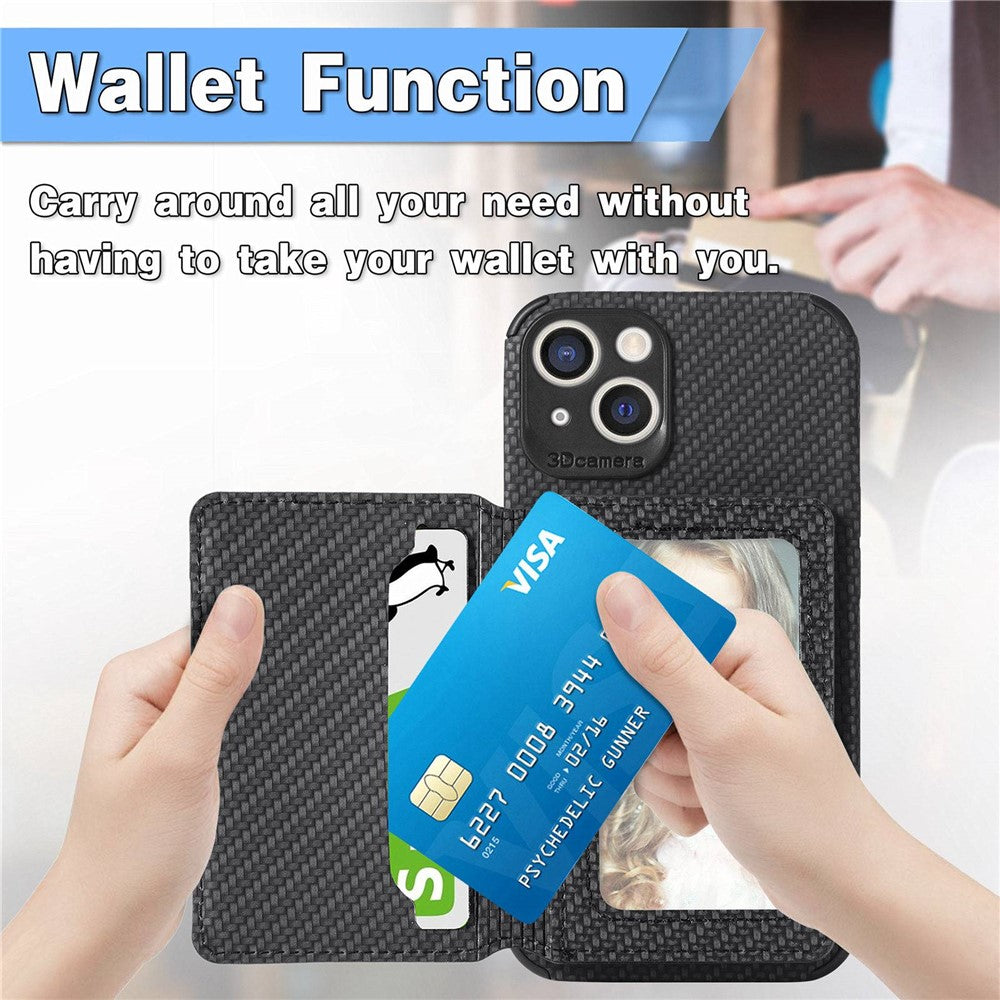 For iPhone 14 6.1 inch Anti-fall Carbon Fiber Texture RFID Blocking Phone Case Leather Coated TPU Anti-scratch Magnetic Wallet Cover Kickstand