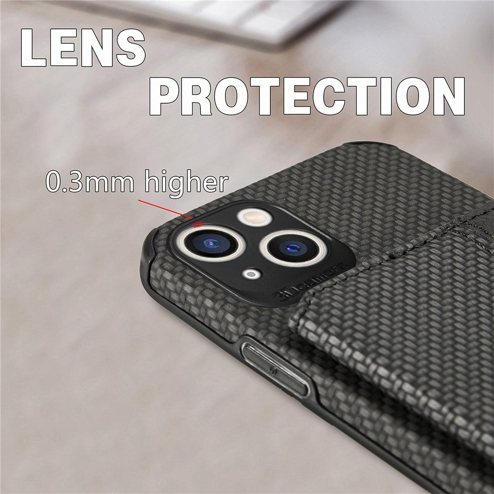 For iPhone 14 6.1 inch Anti-fall Carbon Fiber Texture RFID Blocking Phone Case Leather Coated TPU Anti-scratch Magnetic Wallet Cover Kickstand
