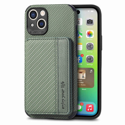 For iPhone 14 6.1 inch Anti-fall Carbon Fiber Texture RFID Blocking Phone Case Leather Coated TPU Anti-scratch Magnetic Wallet Cover Kickstand
