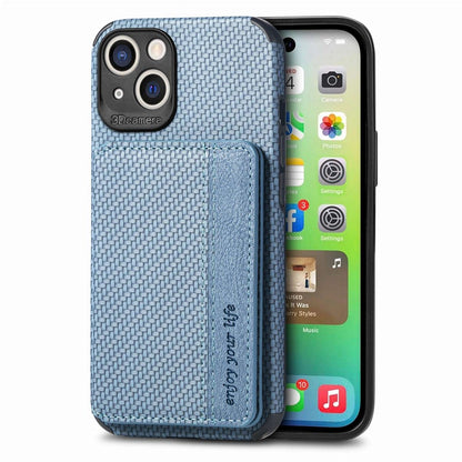 For iPhone 14 6.1 inch Anti-fall Carbon Fiber Texture RFID Blocking Phone Case Leather Coated TPU Anti-scratch Magnetic Wallet Cover Kickstand