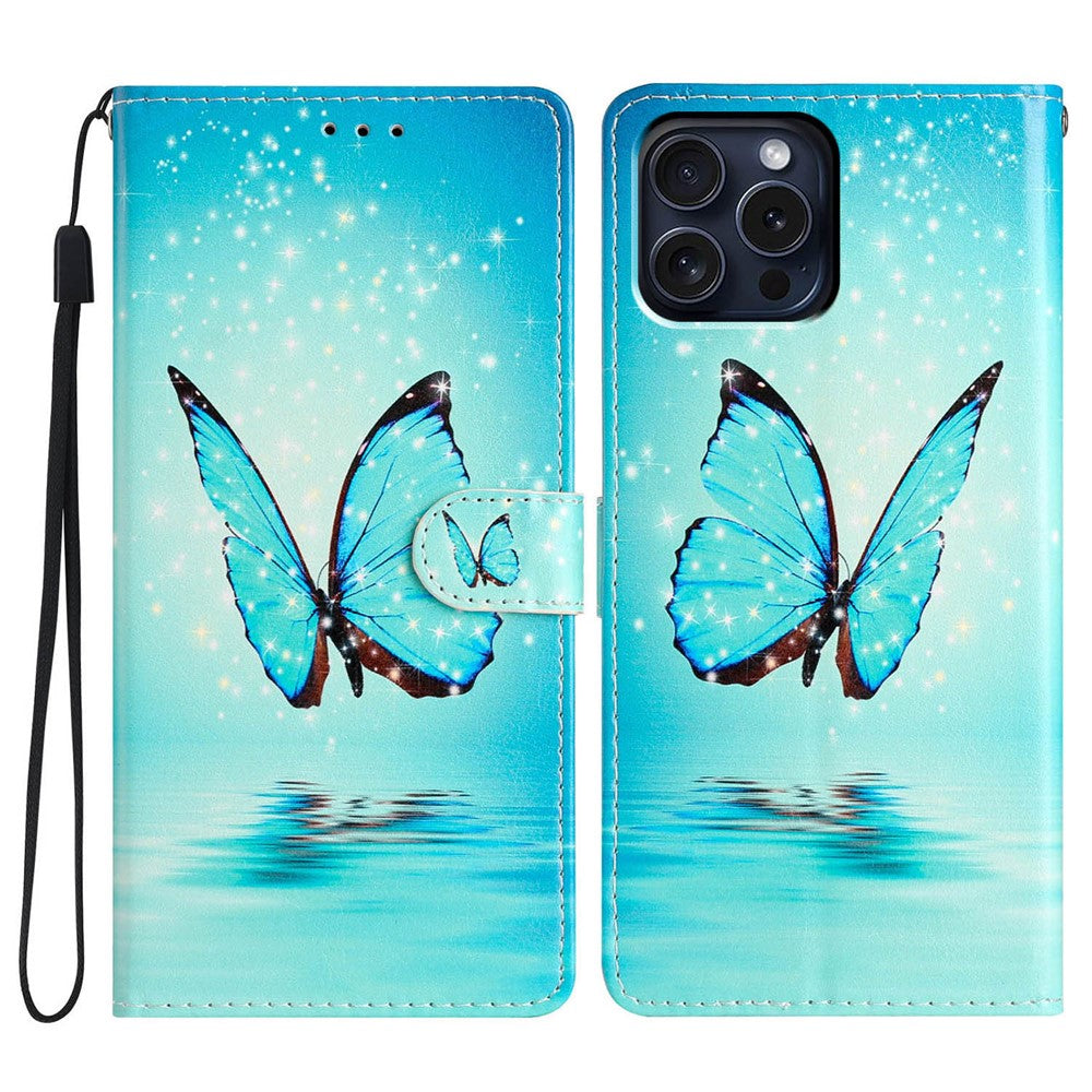 For iPhone 16 Pro Max Case Pattern Print PU Leather Card Slots Phone Cover with Wrist Strap
