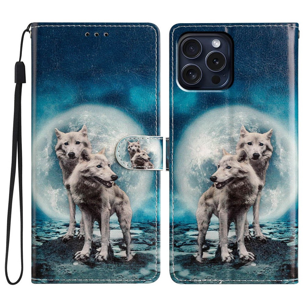 For iPhone 16 Pro Max Case Pattern Print PU Leather Card Slots Phone Cover with Wrist Strap