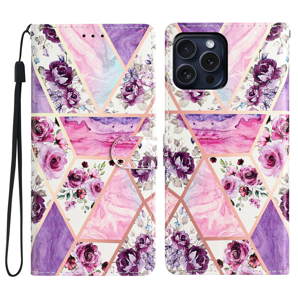 For iPhone 16 Pro Max Case Pattern Print PU Leather Card Slots Phone Cover with Wrist Strap