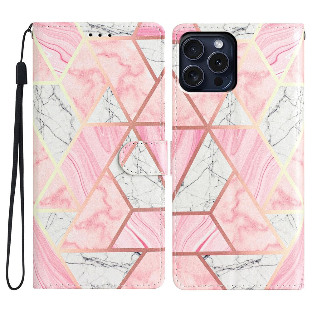 For iPhone 16 Pro Max Case Pattern Print PU Leather Card Slots Phone Cover with Wrist Strap