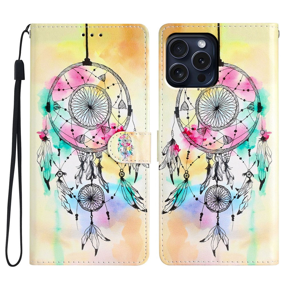 For iPhone 16 Pro Max Case Pattern Print PU Leather Card Slots Phone Cover with Wrist Strap