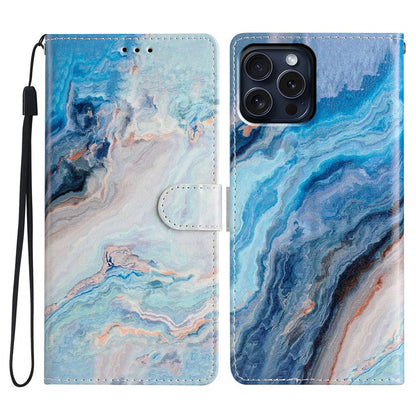 For iPhone 16 Pro Max Case Pattern Print PU Leather Card Slots Phone Cover with Wrist Strap