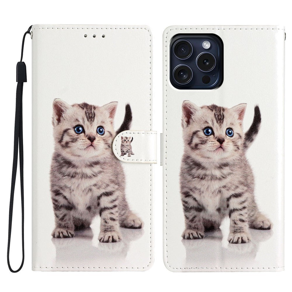 For iPhone 16 Pro Max Case Pattern Print PU Leather Card Slots Phone Cover with Wrist Strap