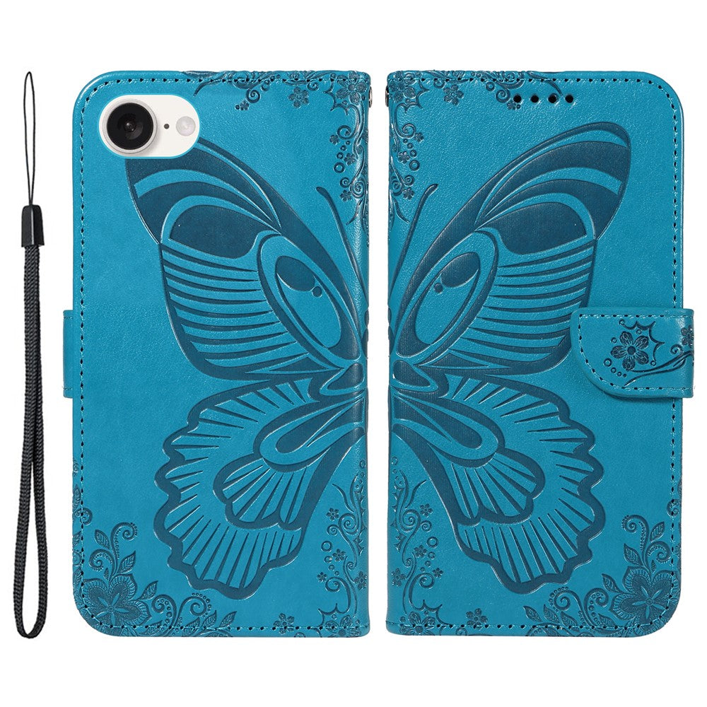 For iPhone 17e / 16e Case with Hand Strap Butterfly PU Leather Wallet Phone Cover