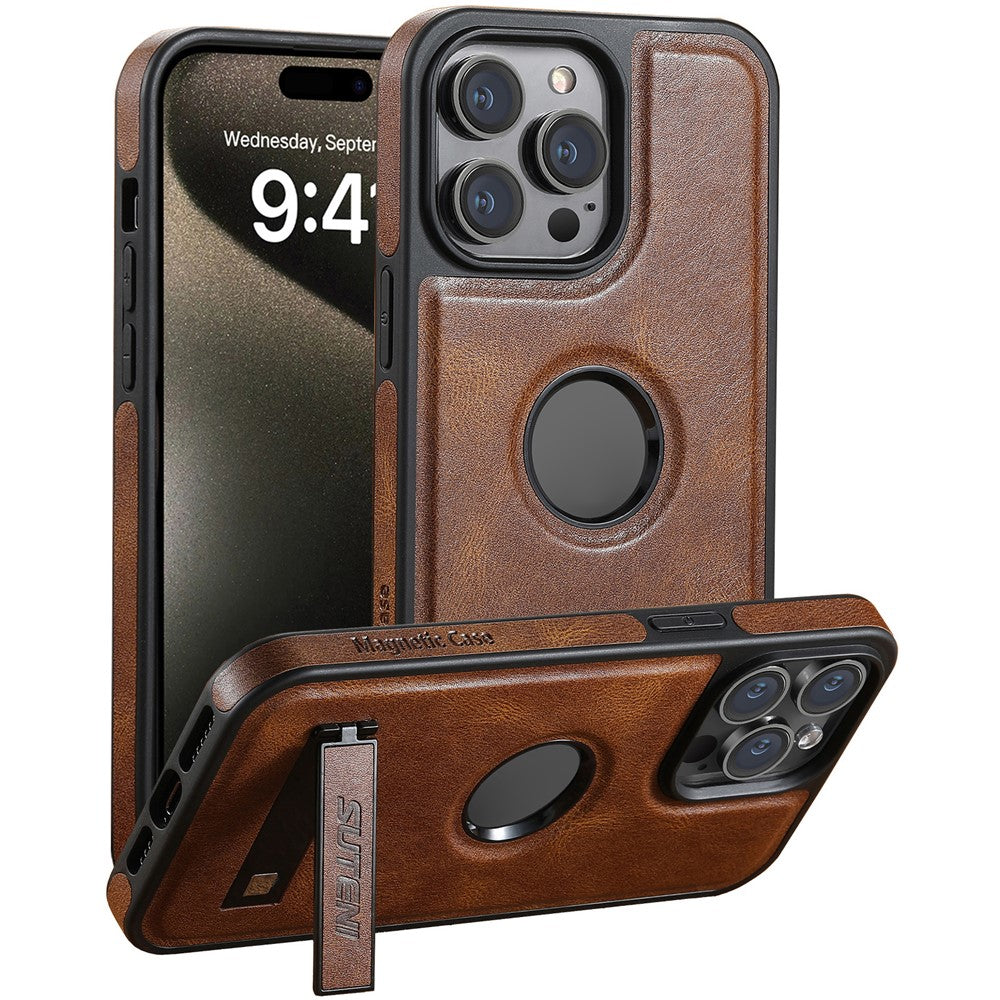 SUTENI G2 For iPhone 15 Pro Magnetic Case Litchi Texture Leather+TPU Cover with Kickstand