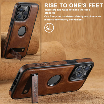 SUTENI G2 For iPhone 15 Pro Magnetic Case Litchi Texture Leather+TPU Cover with Kickstand