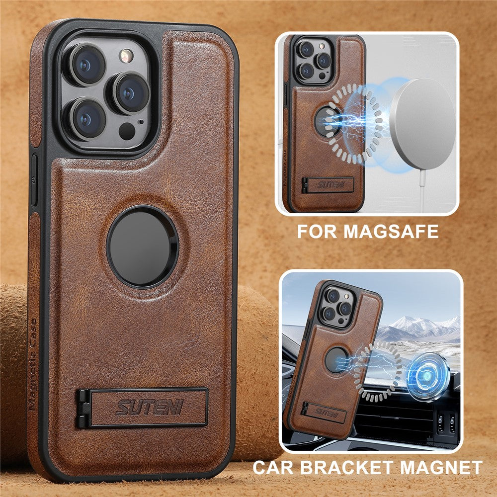 SUTENI G2 For iPhone 15 Pro Magnetic Case Litchi Texture Leather+TPU Cover with Kickstand