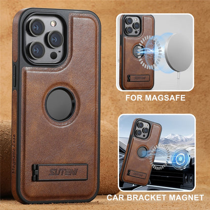 SUTENI G2 For iPhone 15 Pro Magnetic Case Litchi Texture Leather+TPU Cover with Kickstand