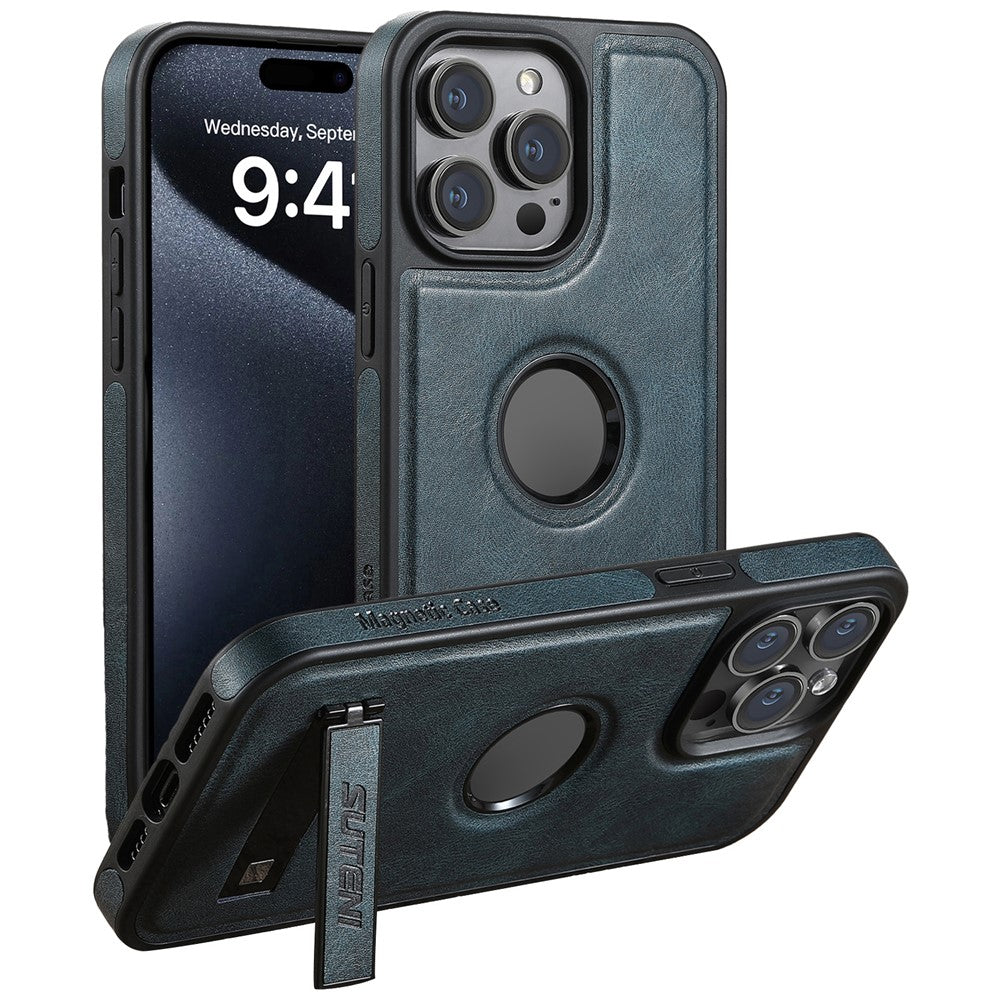 SUTENI G2 For iPhone 15 Pro Magnetic Case Litchi Texture Leather+TPU Cover with Kickstand