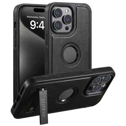 SUTENI G2 For iPhone 15 Pro Magnetic Case Litchi Texture Leather+TPU Cover with Kickstand