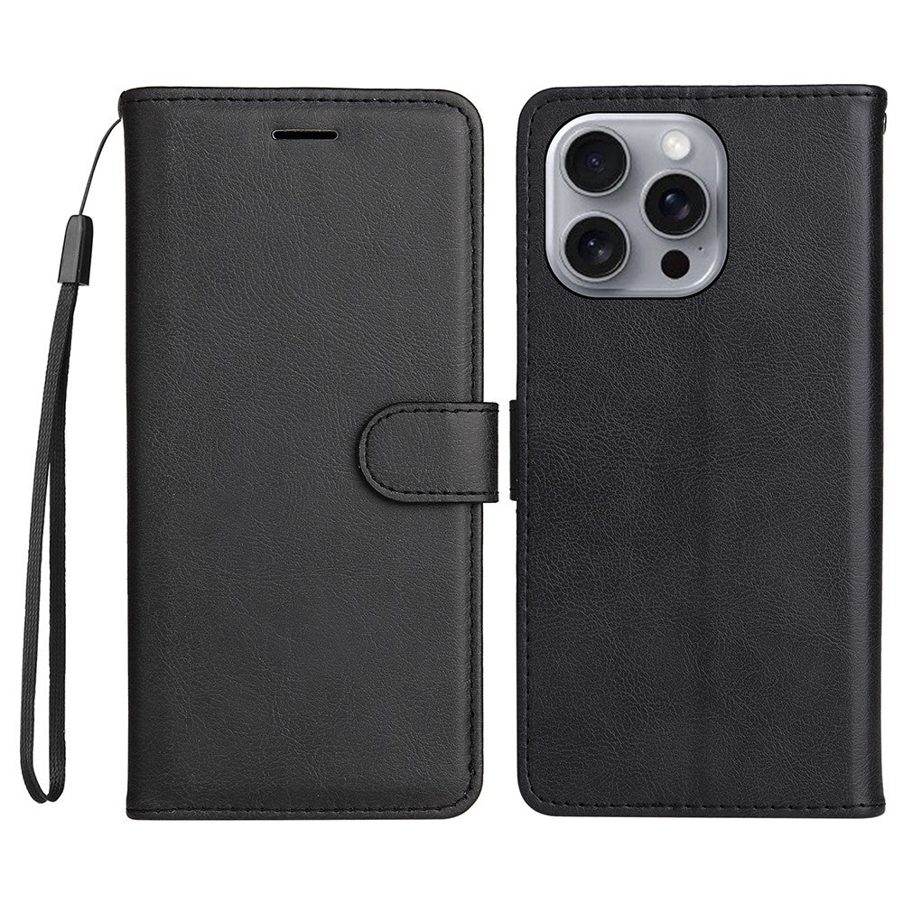 For iPhone 16 Pro Max Case Solid Color Leather Mobile Cover Wallet Stand with Strap
